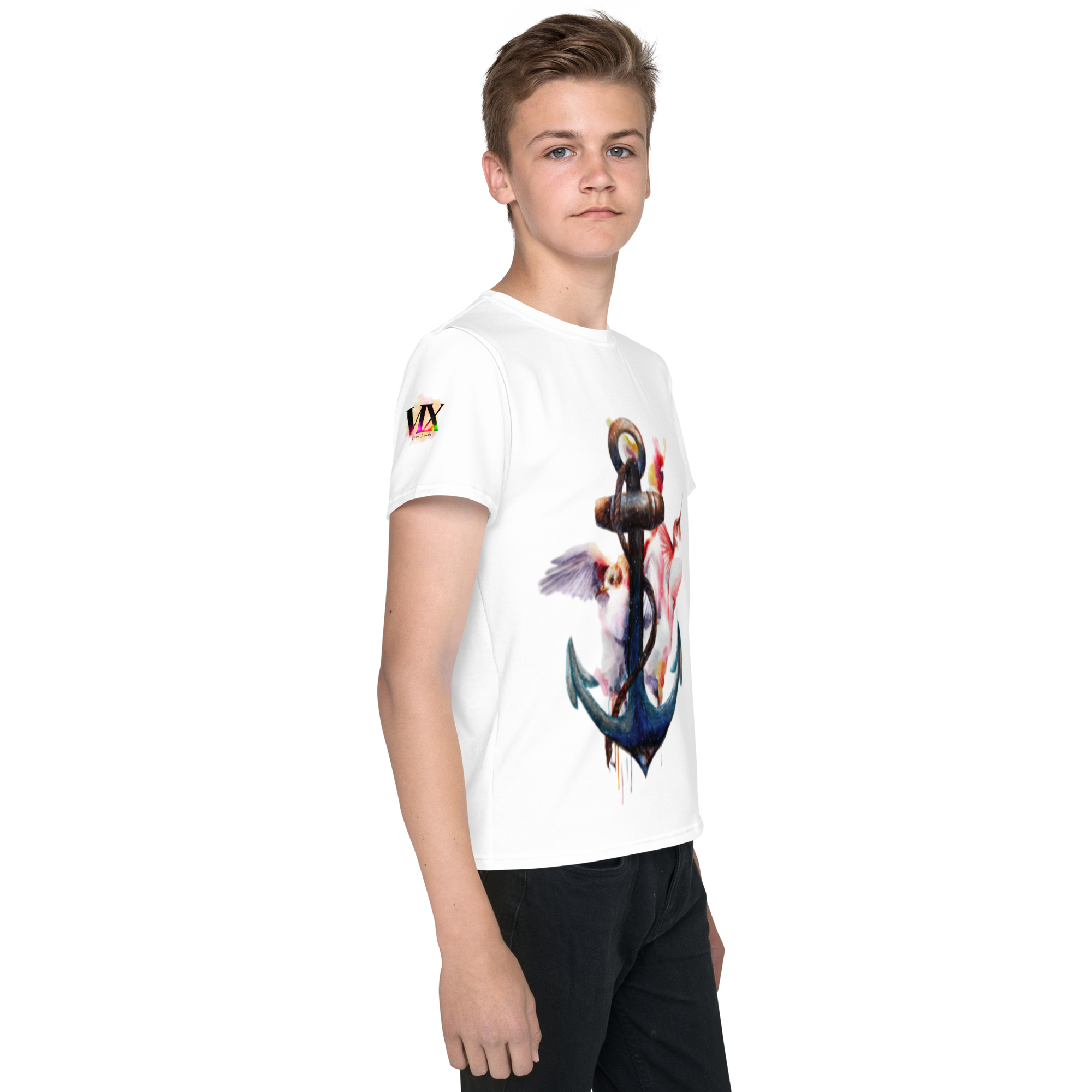 Youth Crew Neck T-Shirt – Anchor and Hummingbird Print | Soft White Cotton Tee for Kids | Voce Lindx