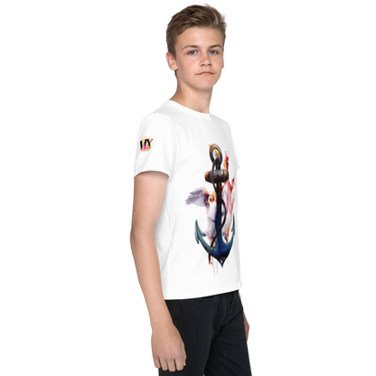 Youth Crew Neck T-Shirt – Anchor and Hummingbird Print | Soft White Cotton Tee for Kids | Voce Lindx