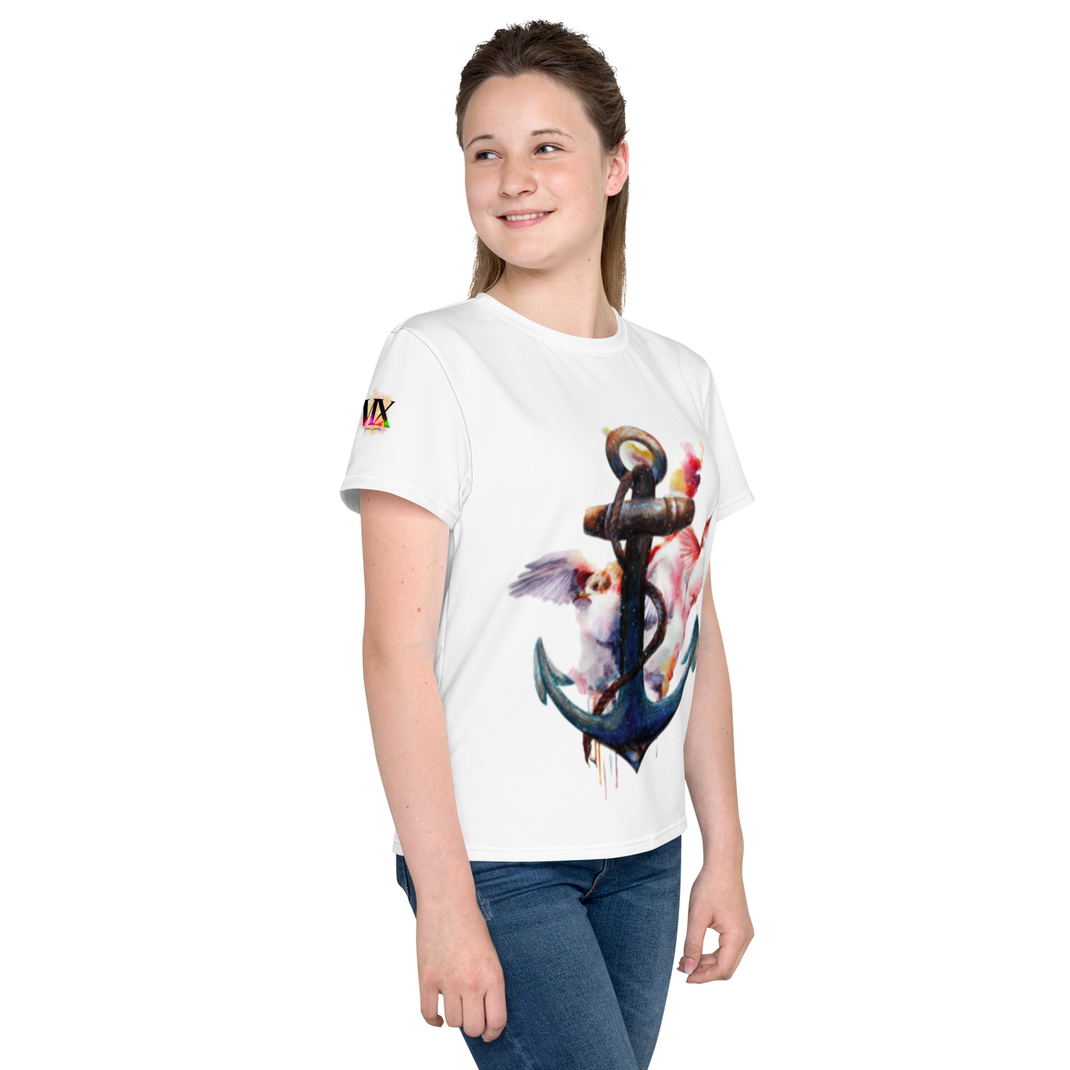 Youth Crew Neck T-Shirt – Anchor and Hummingbird Print | Soft White Cotton Tee for Kids | Voce Lindx