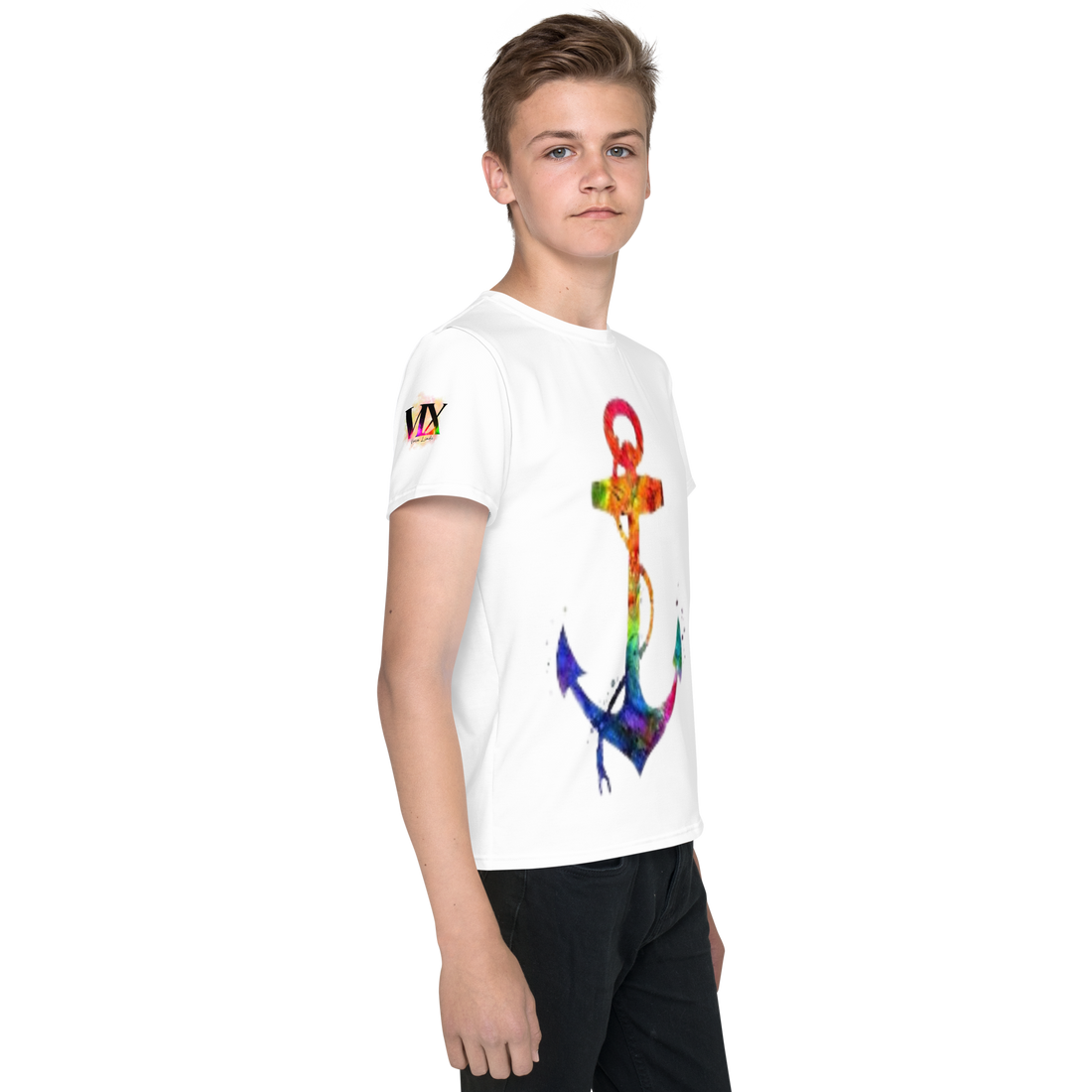 Youth Crew Neck T-Shirt – Rainbow Anchor Print | White Cotton Tee for Kids | Voce Lindx