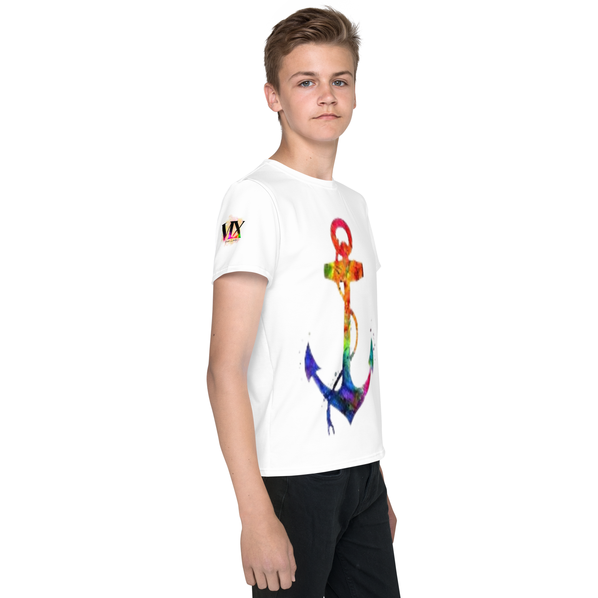 Youth Crew Neck T-Shirt – Rainbow Anchor Print | White Cotton Tee for Kids | Voce Lindx