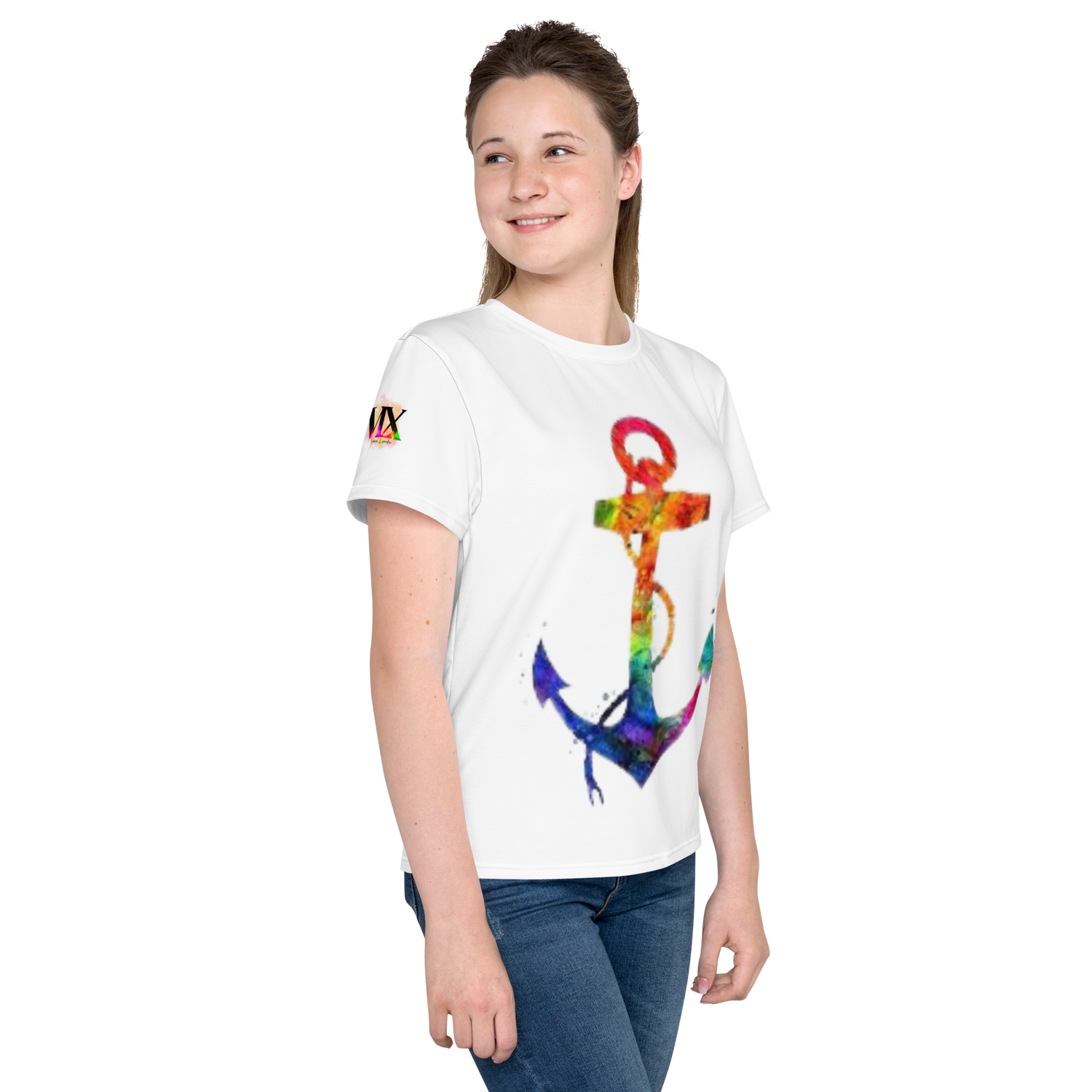 Youth Crew Neck T-Shirt – Rainbow Anchor Print | White Cotton Tee for Kids | Voce Lindx