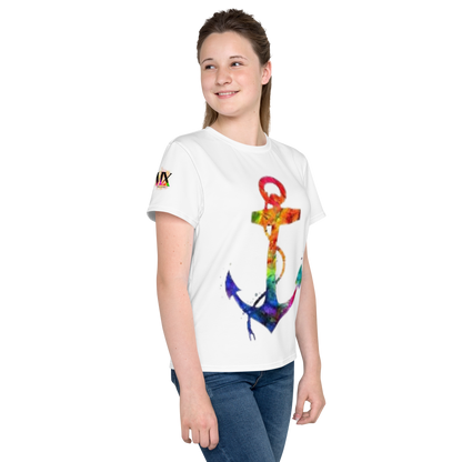 Youth Crew Neck T-Shirt – Rainbow Anchor Print | White Cotton Tee for Kids | Voce Lindx