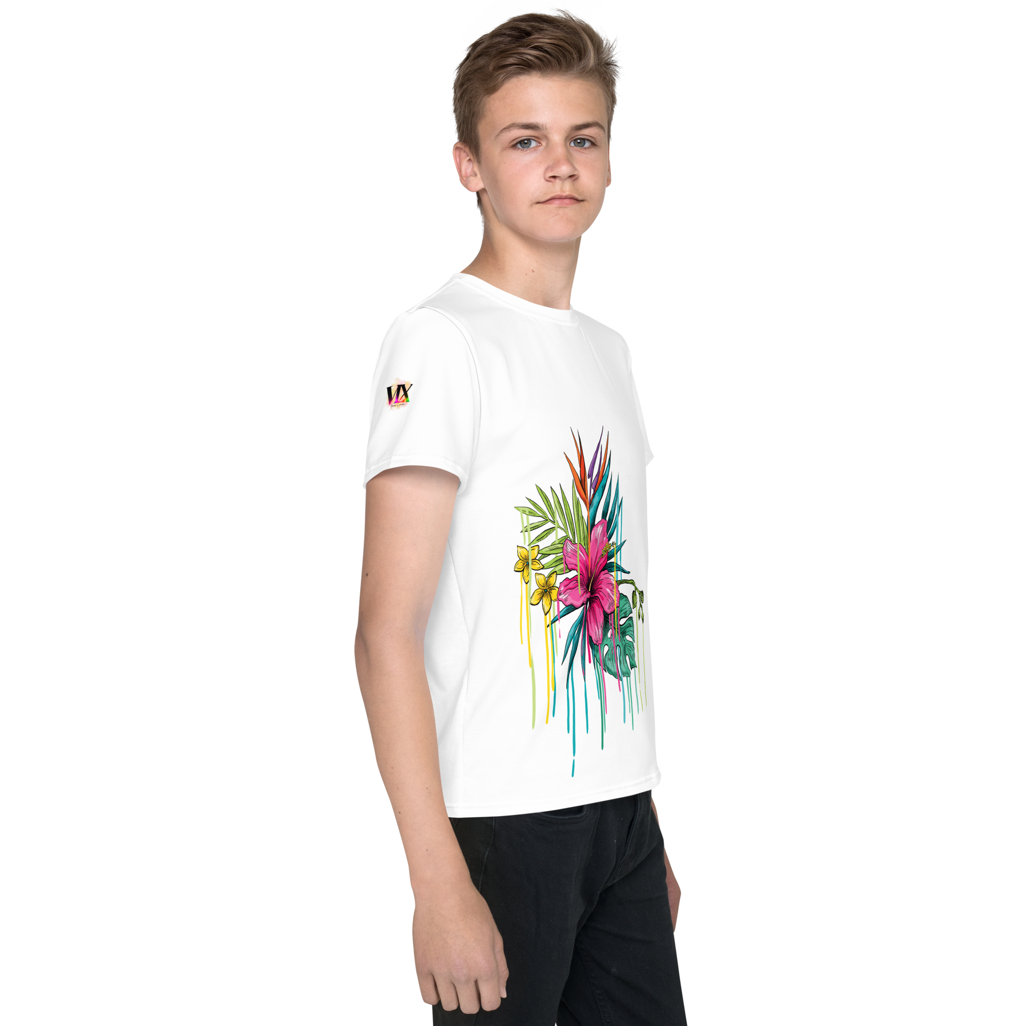 Youth Crew Neck T-Shirt – Pink Flower Graphic | White Cotton Tee for Kids | Voce Lindx