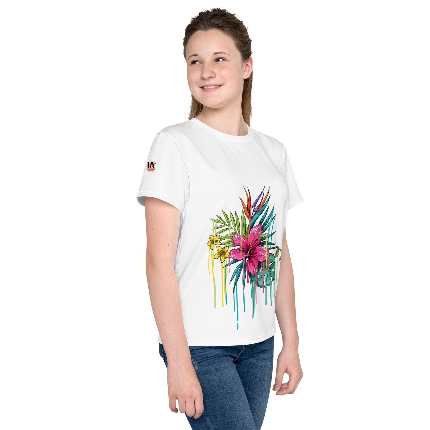 Youth Crew Neck T-Shirt – Pink Flower Graphic | White Cotton Tee for Kids | Voce Lindx