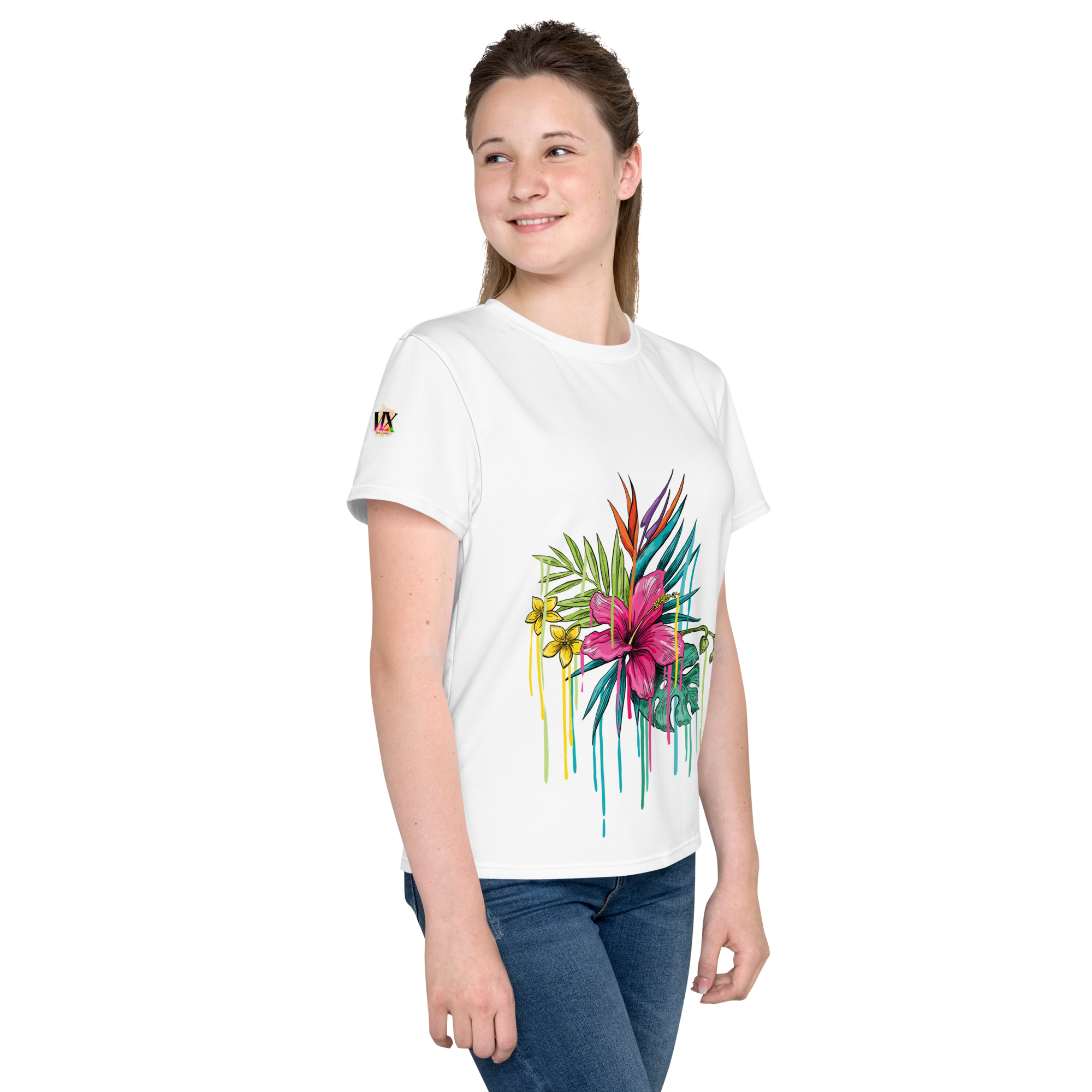 Youth Crew Neck T-Shirt – Pink Flower Graphic | White Cotton Tee for Kids | Voce Lindx