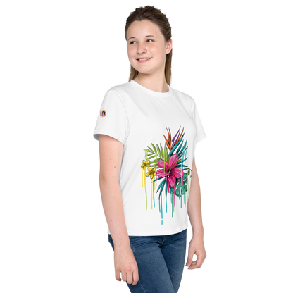 Youth Crew Neck T-Shirt – Pink Flower Graphic | White Cotton Tee for Kids | Voce Lindx