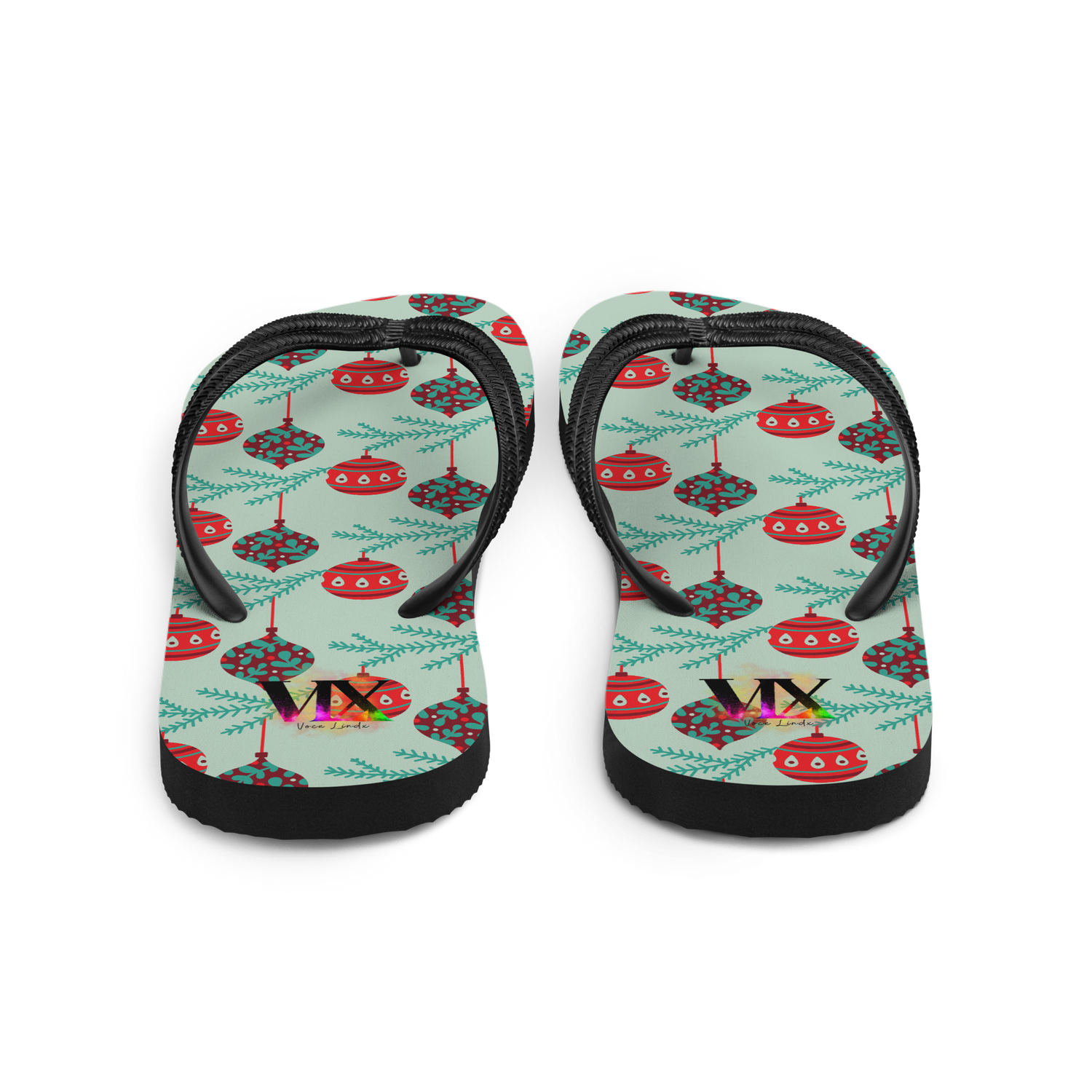 VOCE LINDX Christmas Baubles Flip‑Flops – Festive Ornament Print, Cushioned Sole &amp; Non‑Slip Grip – Fun Seasonal Footwear