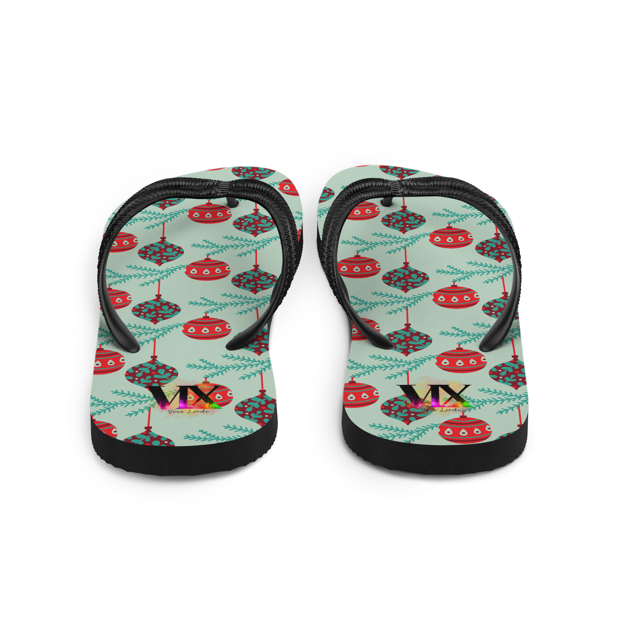 VOCE LINDX Christmas Baubles Flip‑Flops – Festive Ornament Print, Cushioned Sole &amp; Non‑Slip Grip – Fun Seasonal Footwear