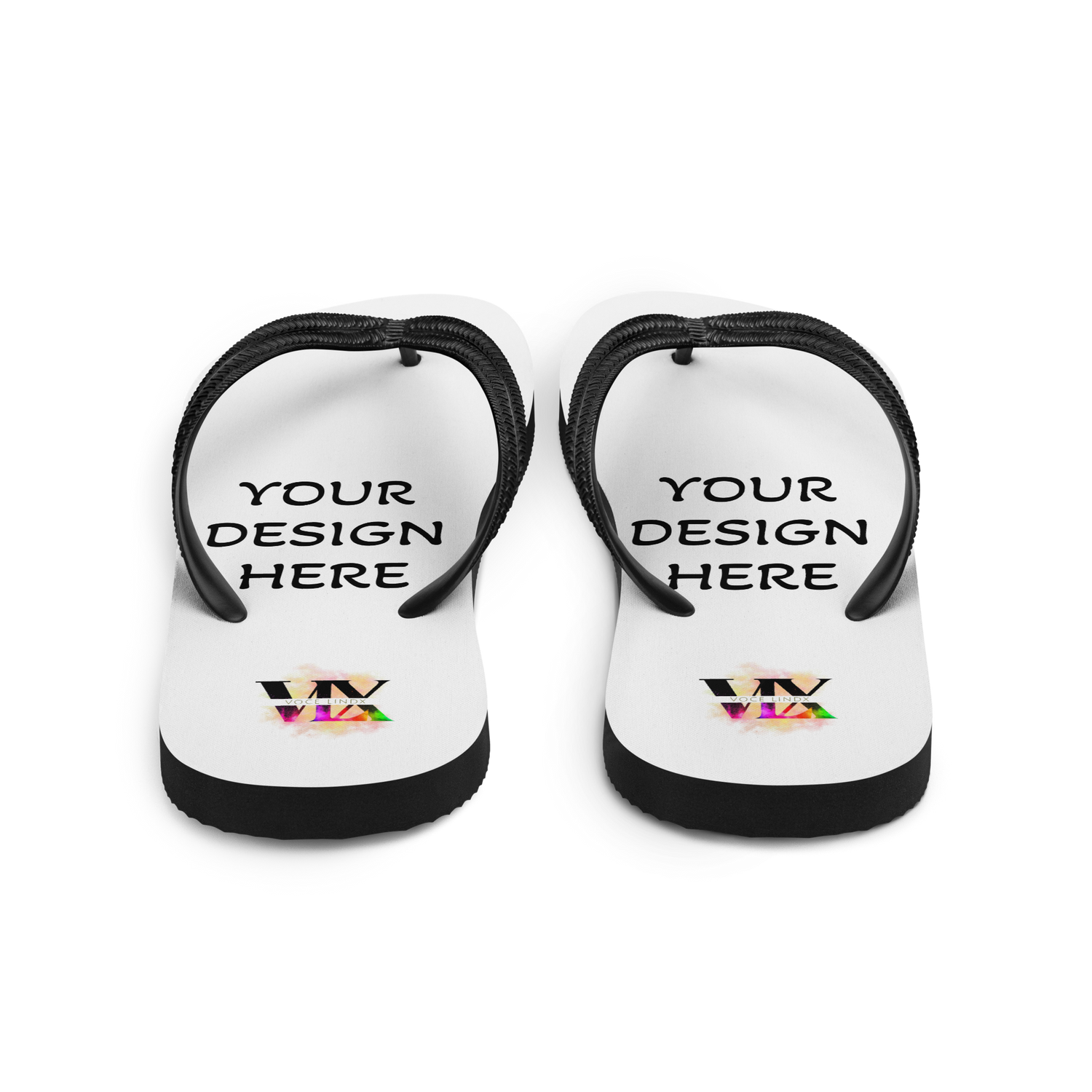 Custom White Flip-Flops with Black Straps – Personalised Design | Voce Lindx