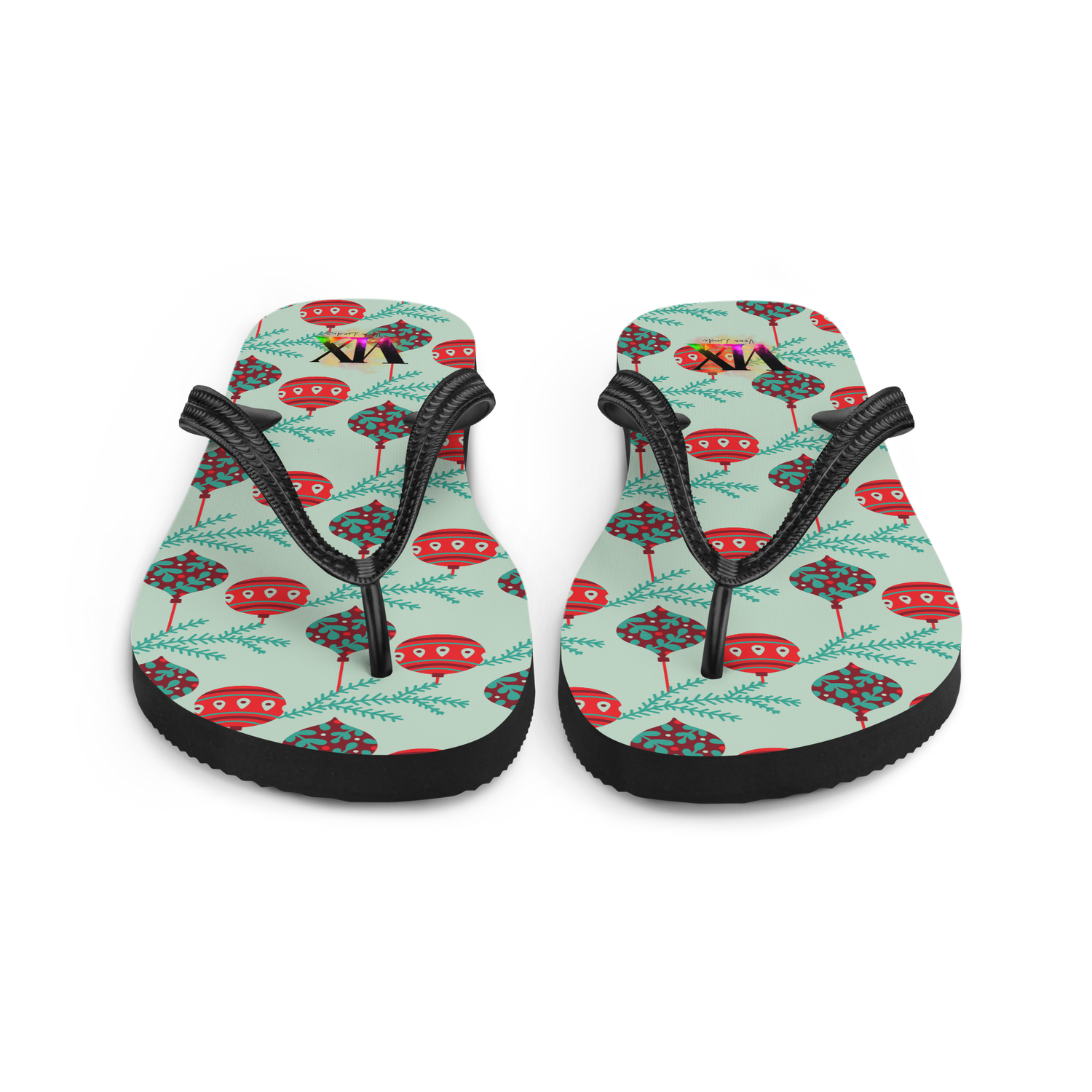 VOCE LINDX Christmas Baubles Flip‑Flops – Festive Ornament Print, Cushioned Sole &amp; Non‑Slip Grip – Fun Seasonal Footwear