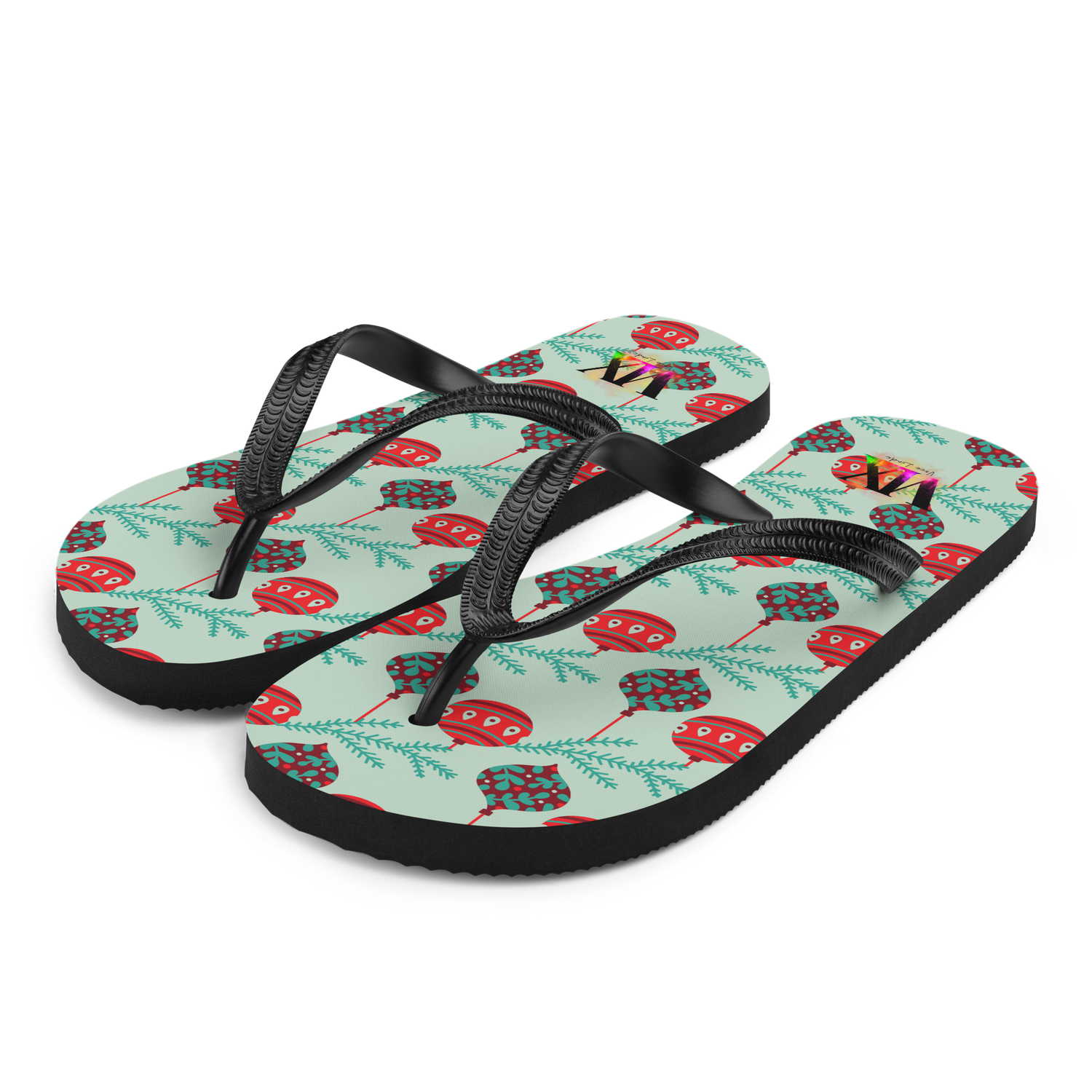 VOCE LINDX Christmas Baubles Flip‑Flops – Festive Ornament Print, Cushioned Sole &amp; Non‑Slip Grip – Fun Seasonal Footwear