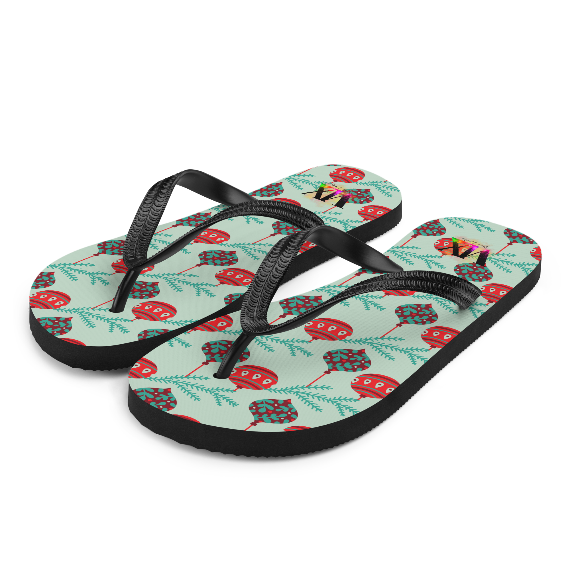 VOCE LINDX Christmas Baubles Flip‑Flops – Festive Ornament Print, Cushioned Sole &amp; Non‑Slip Grip – Fun Seasonal Footwear