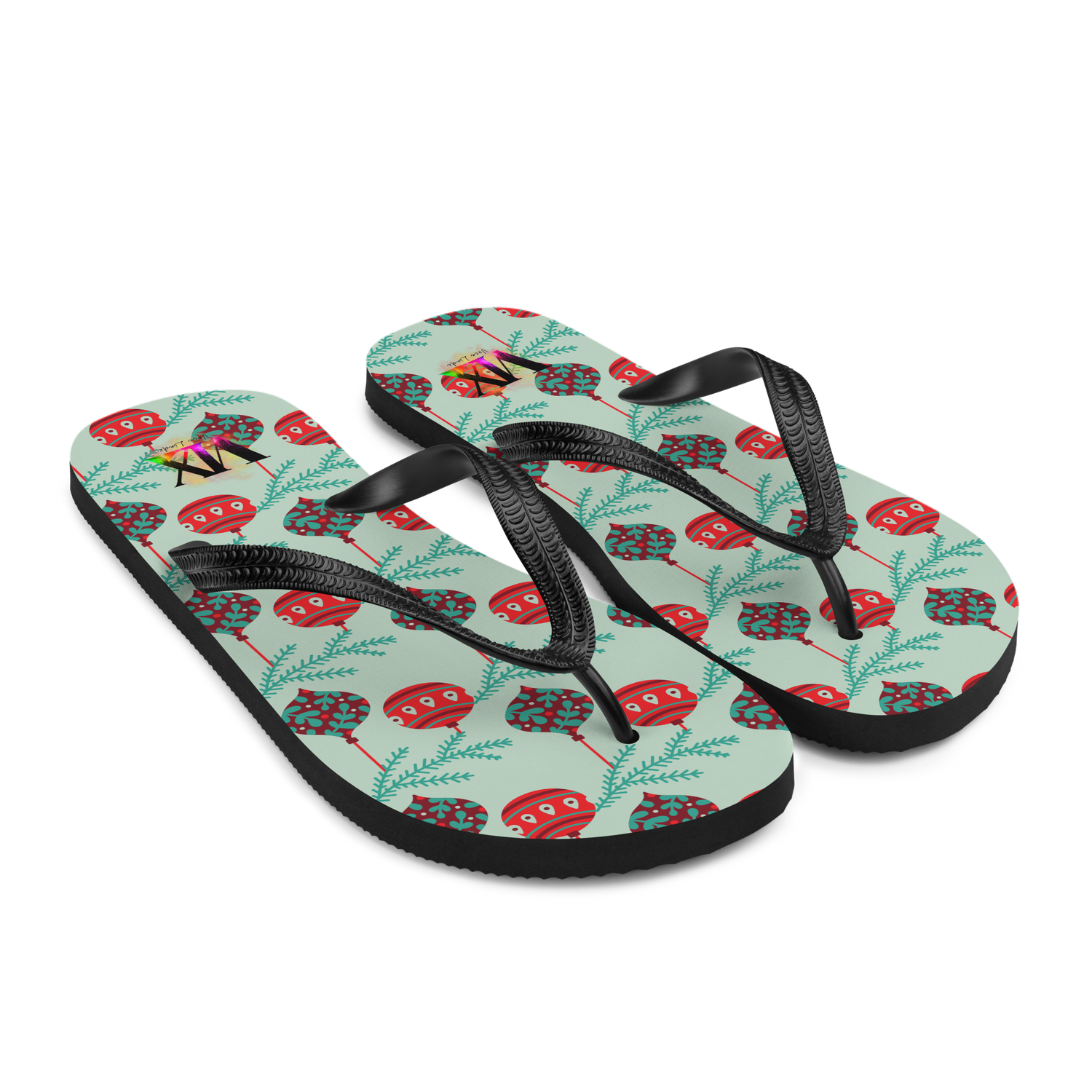 VOCE LINDX Christmas Baubles Flip‑Flops – Festive Ornament Print, Cushioned Sole &amp; Non‑Slip Grip – Fun Seasonal Footwear