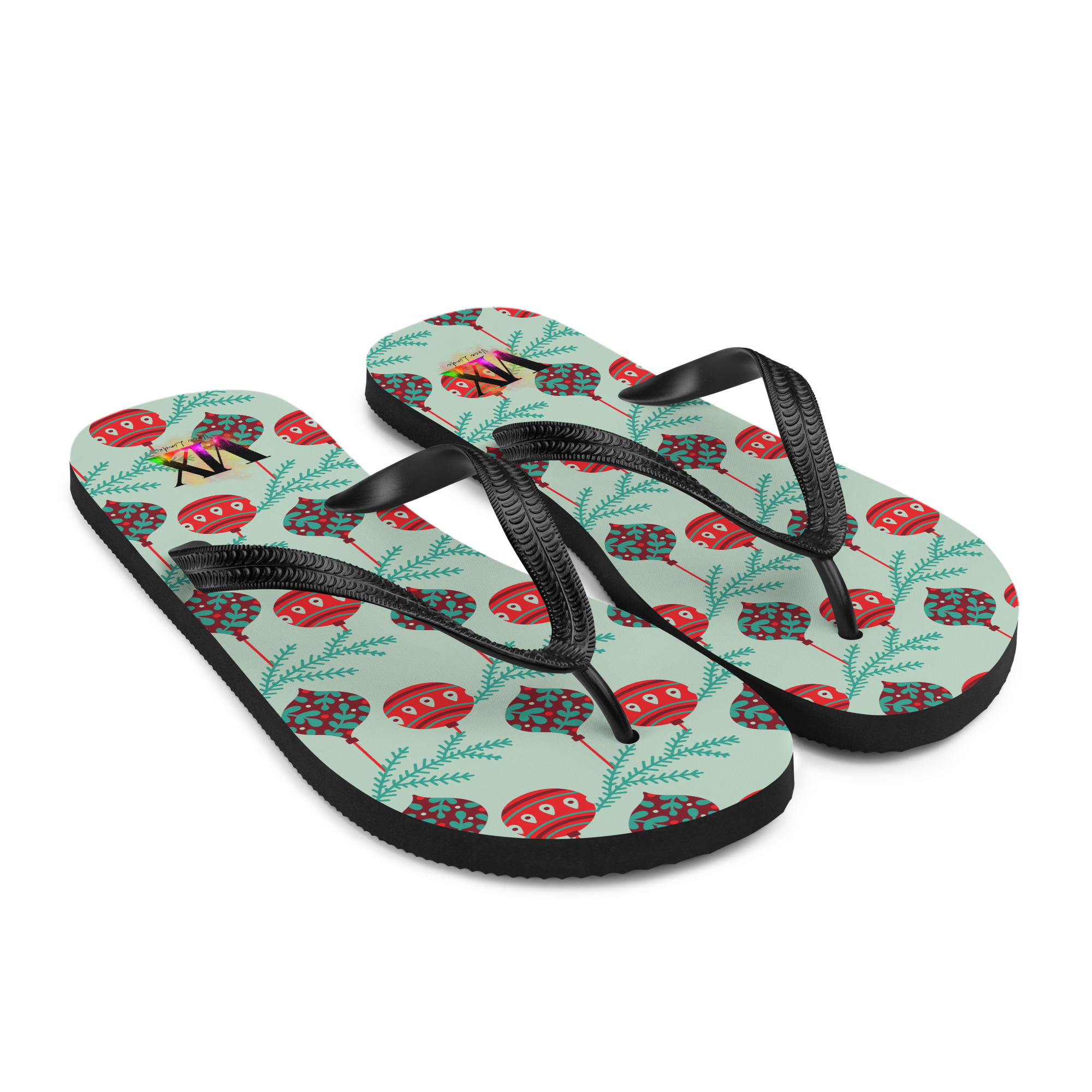 VOCE LINDX Christmas Baubles Flip‑Flops – Festive Ornament Print, Cushioned Sole &amp; Non‑Slip Grip – Fun Seasonal Footwear