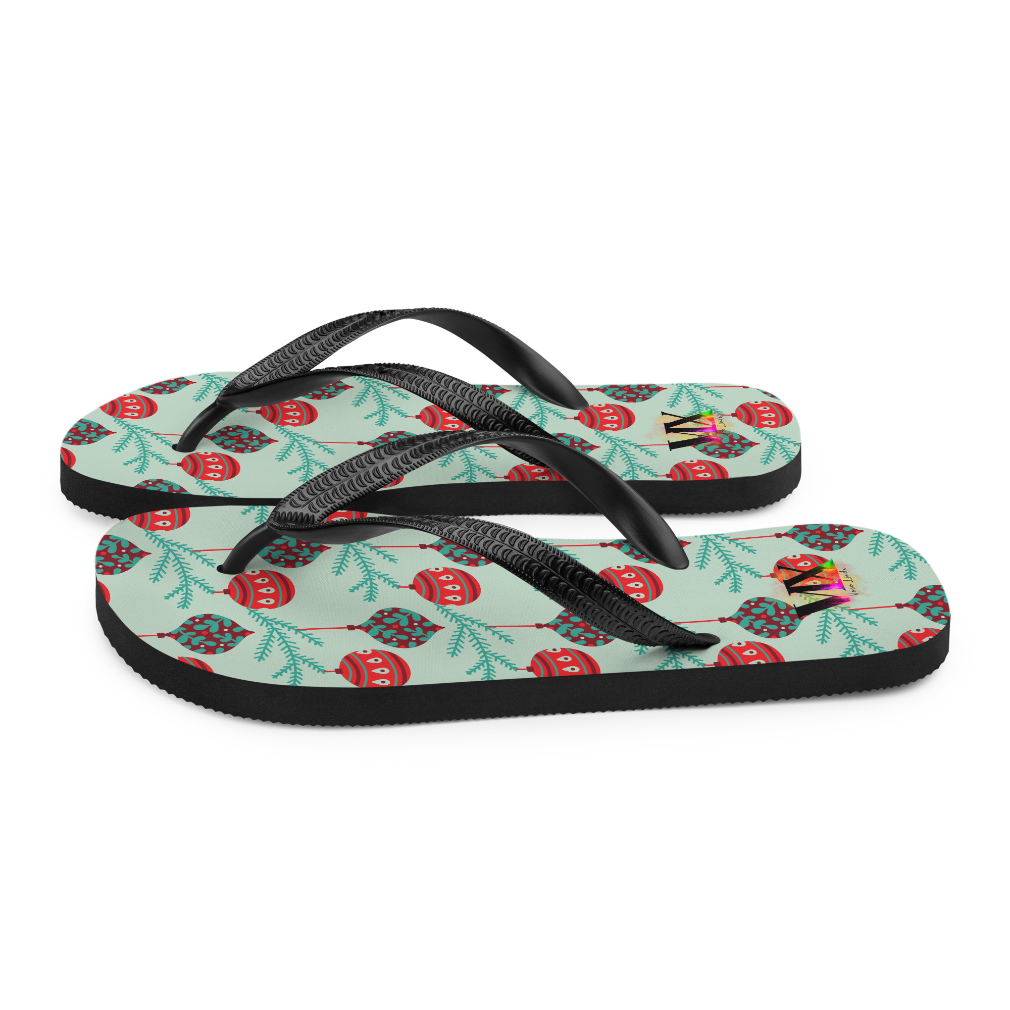 VOCE LINDX Christmas Baubles Flip‑Flops – Festive Ornament Print, Cushioned Sole &amp; Non‑Slip Grip – Fun Seasonal Footwear