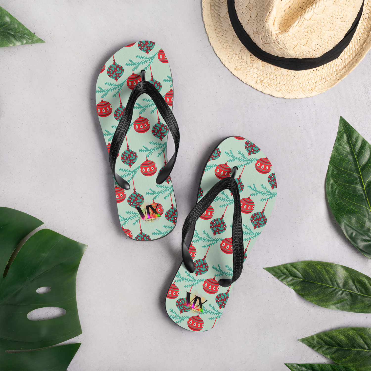 VOCE LINDX Christmas Baubles Flip‑Flops – Festive Ornament Print, Cushioned Sole &amp; Non‑Slip Grip – Fun Seasonal Footwear