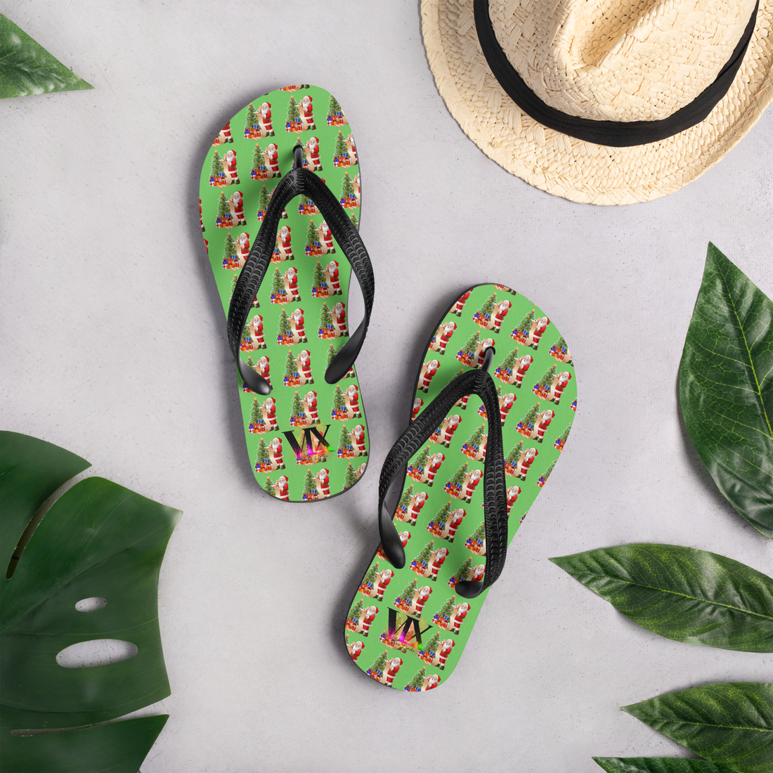 Christmas Santa Green Flip-Flops – Holiday Print Sandals with Cushioned Soles | Festive Footwear for All