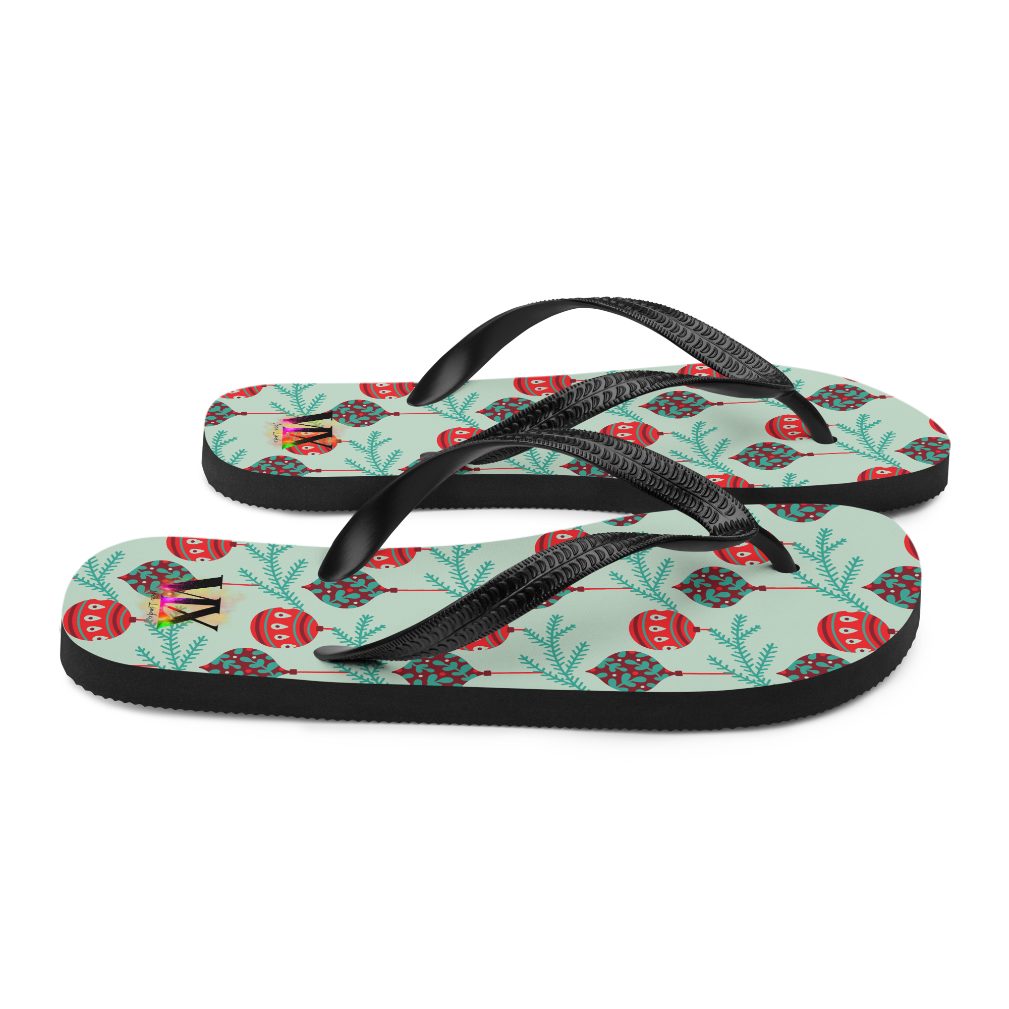 VOCE LINDX Christmas Baubles Flip‑Flops – Festive Ornament Print, Cushioned Sole &amp; Non‑Slip Grip – Fun Seasonal Footwear