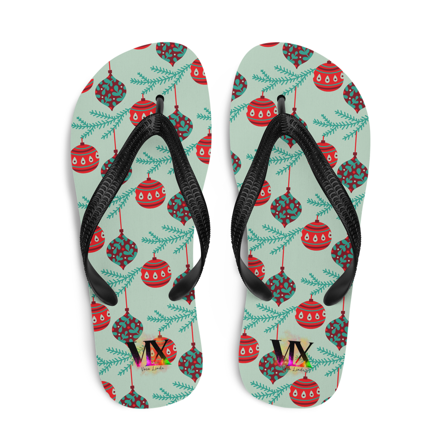 VOCE LINDX Christmas Baubles Flip‑Flops – Festive Ornament Print, Cushioned Sole &amp; Non‑Slip Grip – Fun Seasonal Footwear