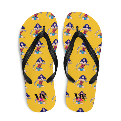Wonder Woman Flip-Flops – Yellow Background Print Sandals with Cushioned Sole | Empowering Summer Footwear
