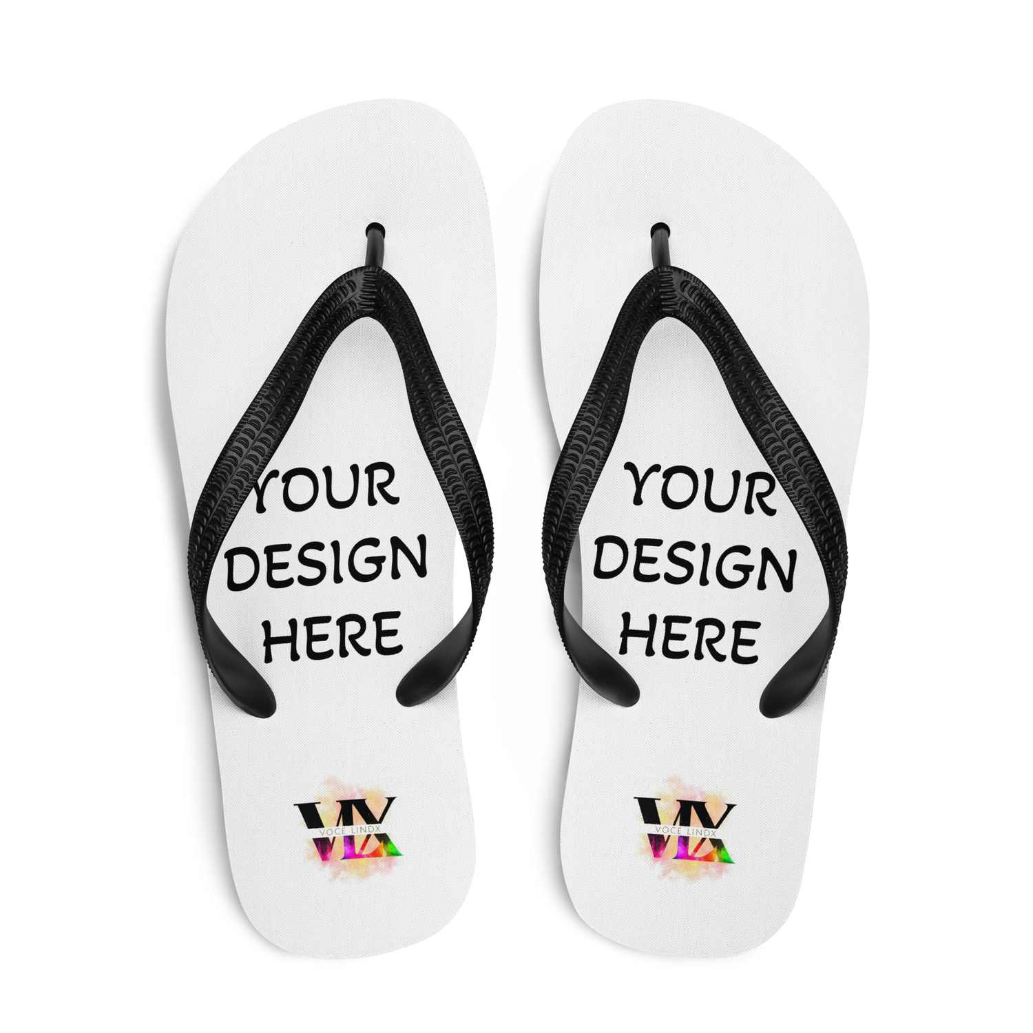 Custom White Flip-Flops with Black Straps – Personalised Design | Voce Lindx