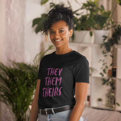 Short-Sleeve Cotton T-Shirt – “They/Them/Theirs” Pronouns Print | Inclusive Pride Design