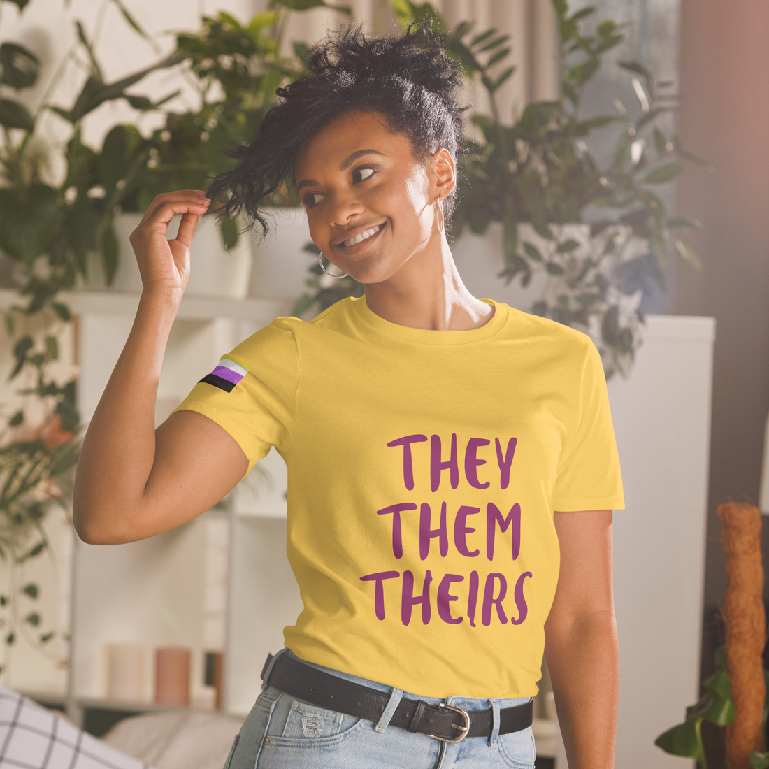 Short-Sleeve Cotton T-Shirt – “They/Them/Theirs” Pronouns Print | Inclusive Pride Design