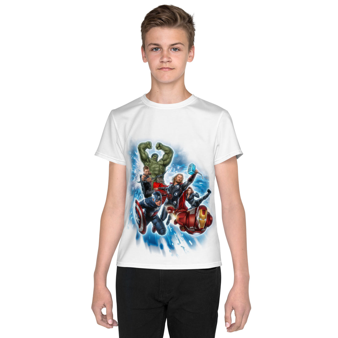 Youth Crew Neck T-Shirt – Diverse Superheroes Print | Black Cotton Tee for Kids | Voce Lindx