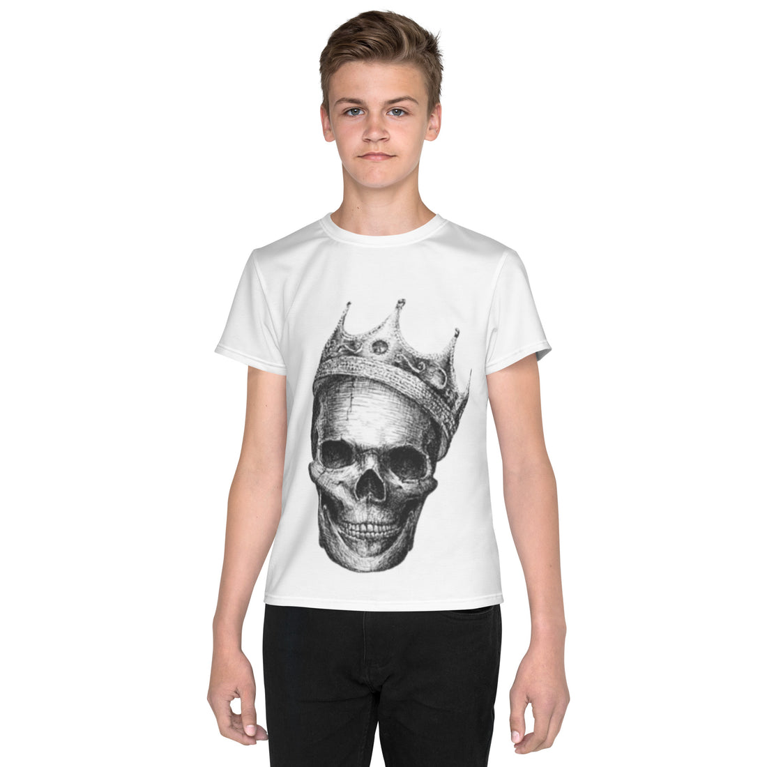 Youth Crew Neck T-Shirt – Skull with Crown Graphic | Black Cotton Kids Tee | Voce Lindx