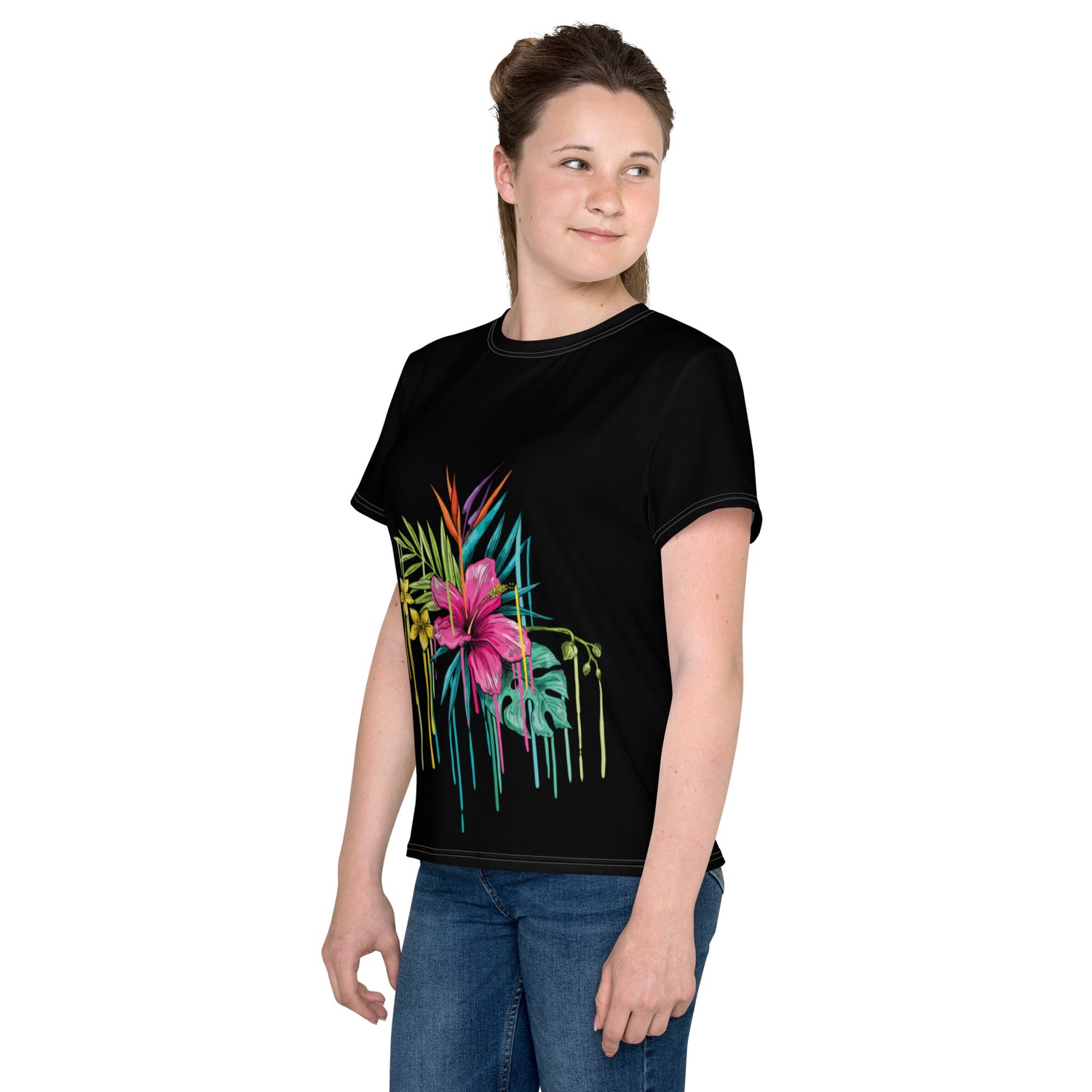 T-shirt preta juvenil com gola redonda flor rosa
