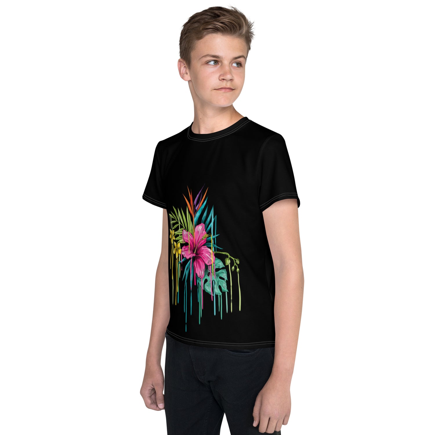 T-shirt preta juvenil com gola redonda flor rosa