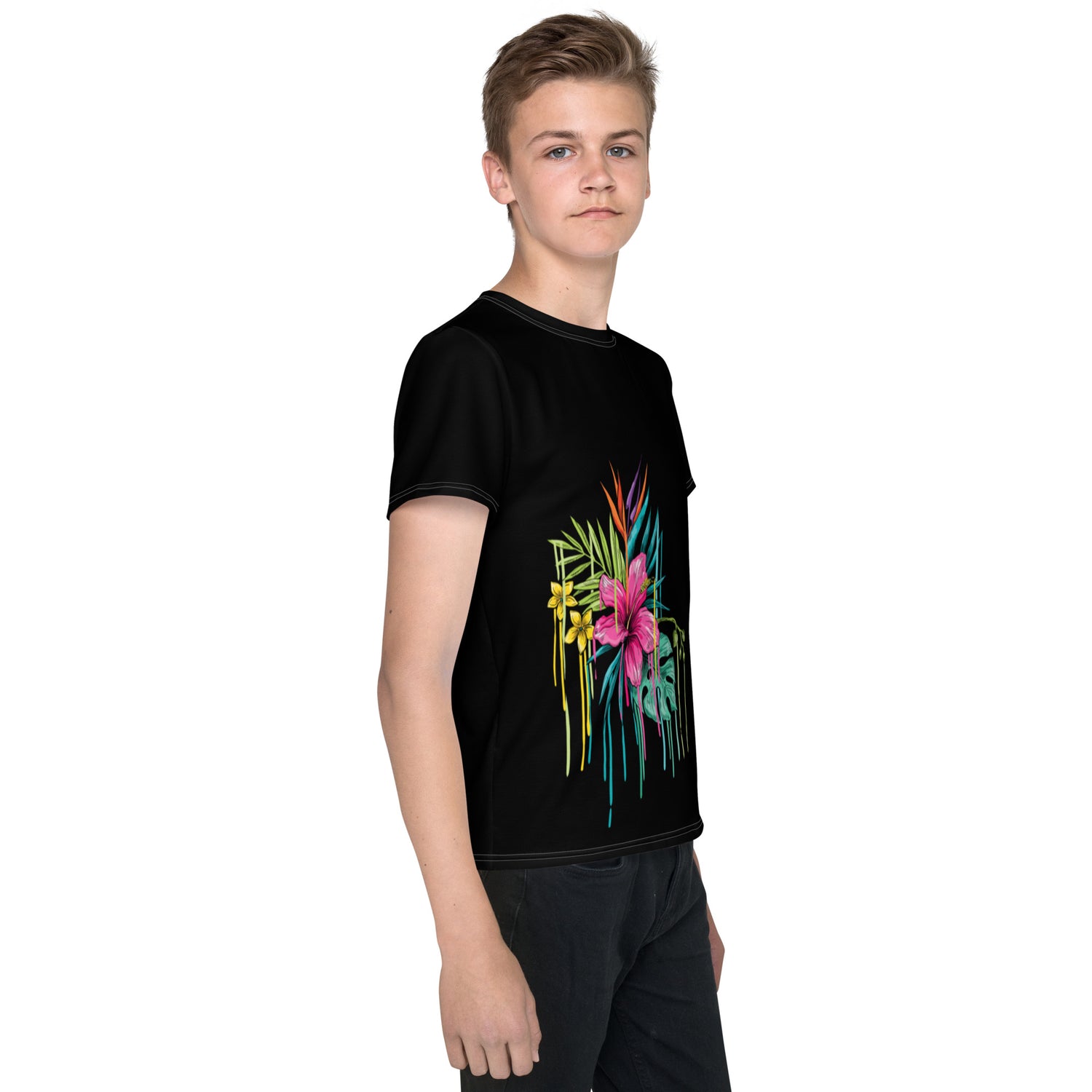 T-shirt preta juvenil com gola redonda flor rosa